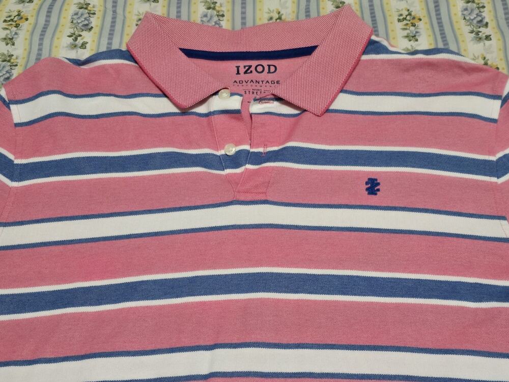 IZOD Men's Polo Shirt XL Advantage Performance Stretch Pink Blue White Stripe